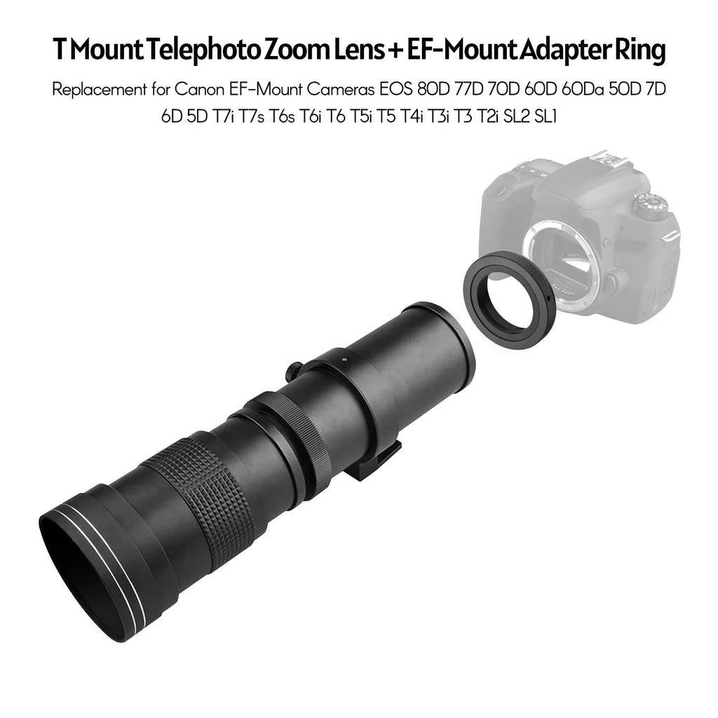 Suzicca Camera MF Super Telephoto Zoom Lens F/8.3-16 420-800mm T Mount with Adapter Ring Universal 1/4 Thread Replacement for EF-Mount Cameras 80D 77D 70D 60D 60Da 50D 7D 6D 5D T7i T7s T6s T6