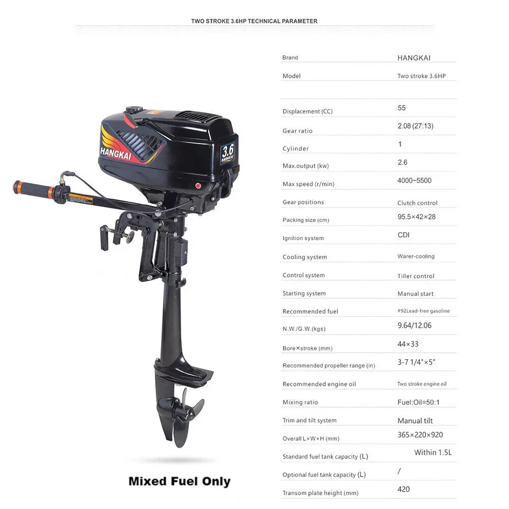 TOOL1SHOoo 3.6HP 2 Stroke Outboard Motor Fishng Boat Motor Engine Fluid Cooling Short Shaft