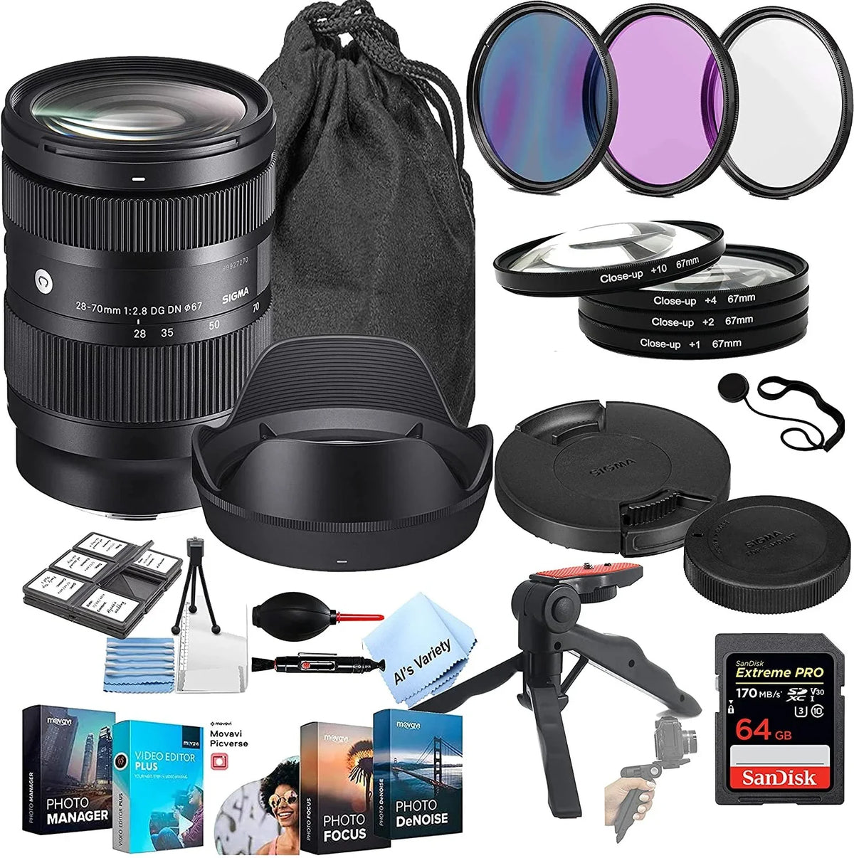 Sigma 28-70mm f/2.8 DG DN Contemporary Lens for E W/Extreme Pro SD Card, Photo Edit Software, More 27pcs