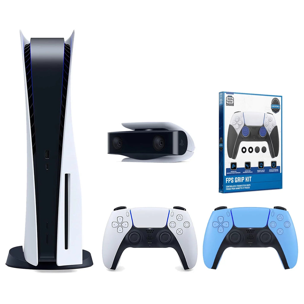 Playstation 5 Disc Version Console with Extra Blue Controller, 1080p HD Camera and Surge FPS Grip Kit With Precision Aiming Rings Bundle