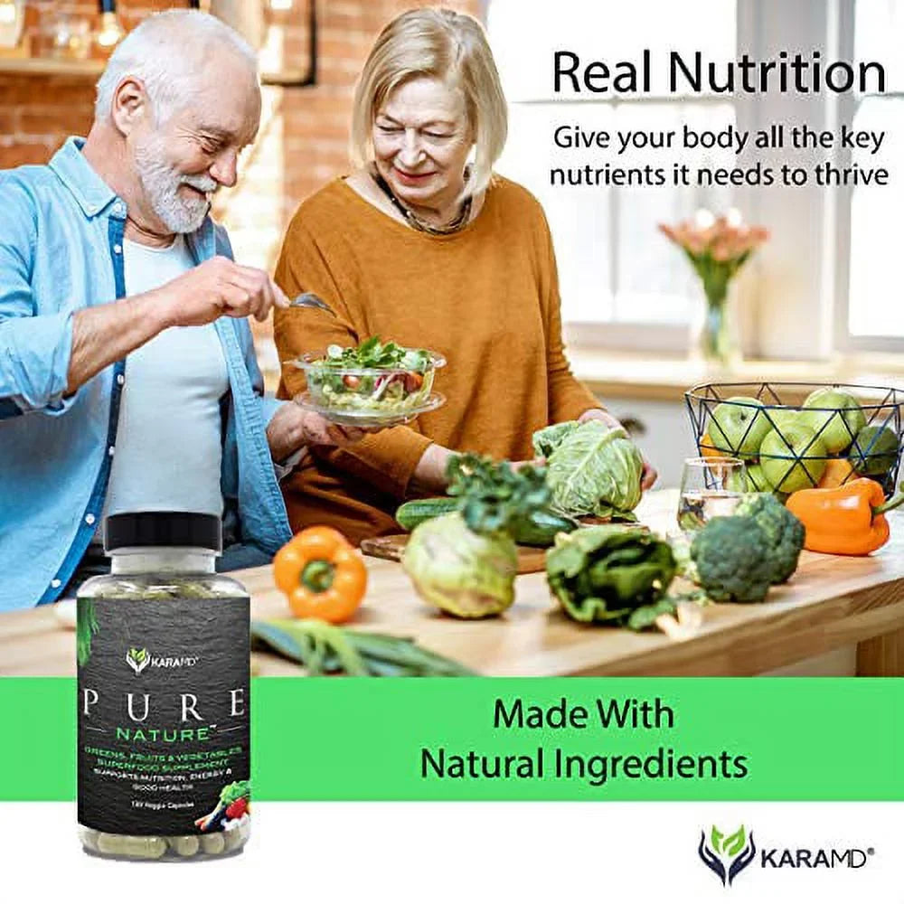 KaraMD Pure Nature | Dr Formulated Greens; Fruit & Vegetable Whole Food Health Supplement | Vitamins; Fiber & Antioxidant Superfood Nutrition | Natural Energy; Digestion & Immunity Boost; 120 Capsules