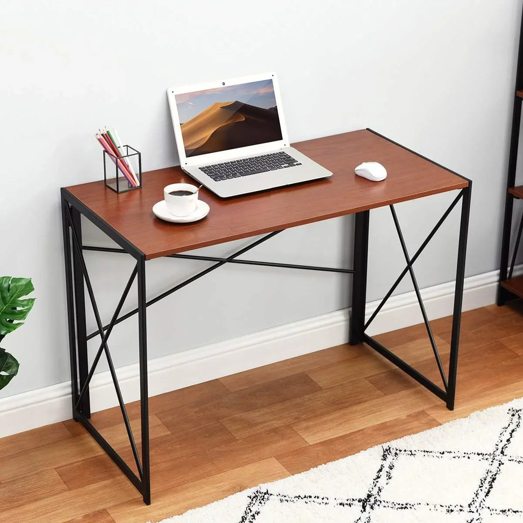 Writing Computer Desk Modern Simple Study Desk Industrial Folding Portable computer Table For Home Office Notebook Desk Walnut Brown Desktop Black Frame…