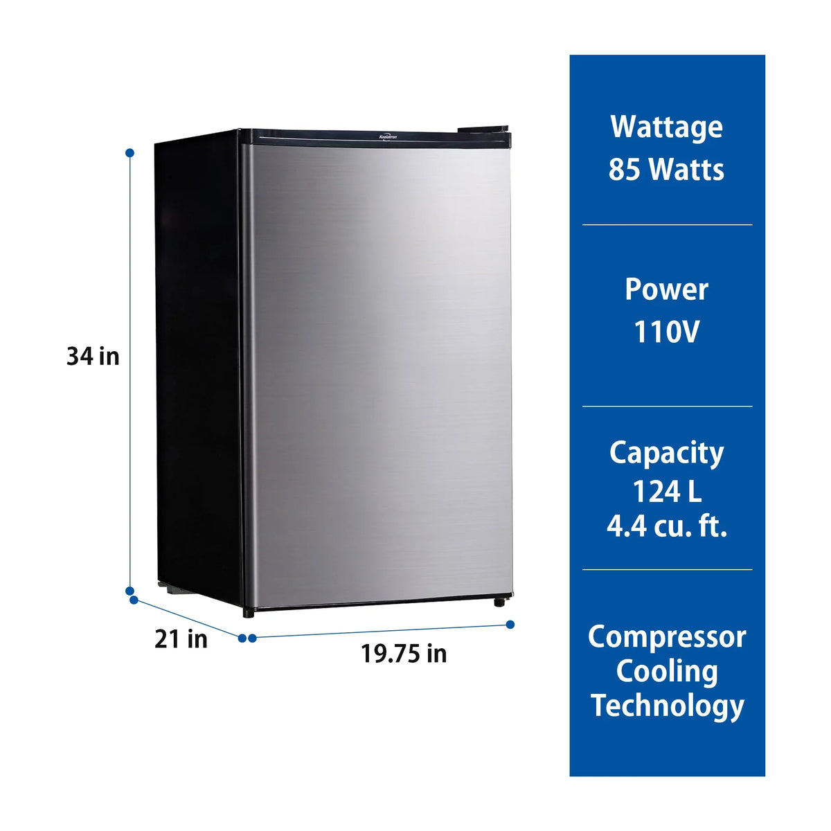Koolatron Stainless Steel Compact Fridge with Freezer 4.4 Cu Ft (124L) Refridgerator