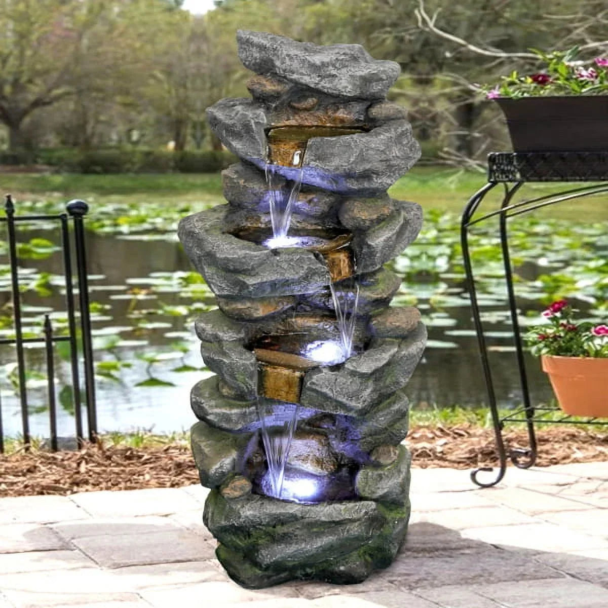 Fithood 40inches High Stacked Simulated Rock Fluid Fountain with LED Lights