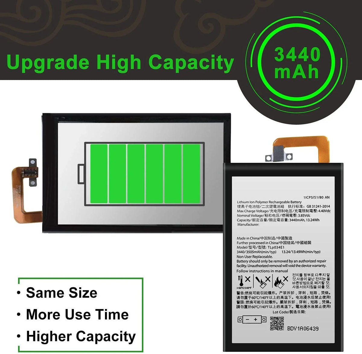 Replacement y BAT-63108-003 Upgraded for BlackBerry Keyone BBB100-1 BBB100-2 BB100-7 BB100-5; BBB100-3 Sprint