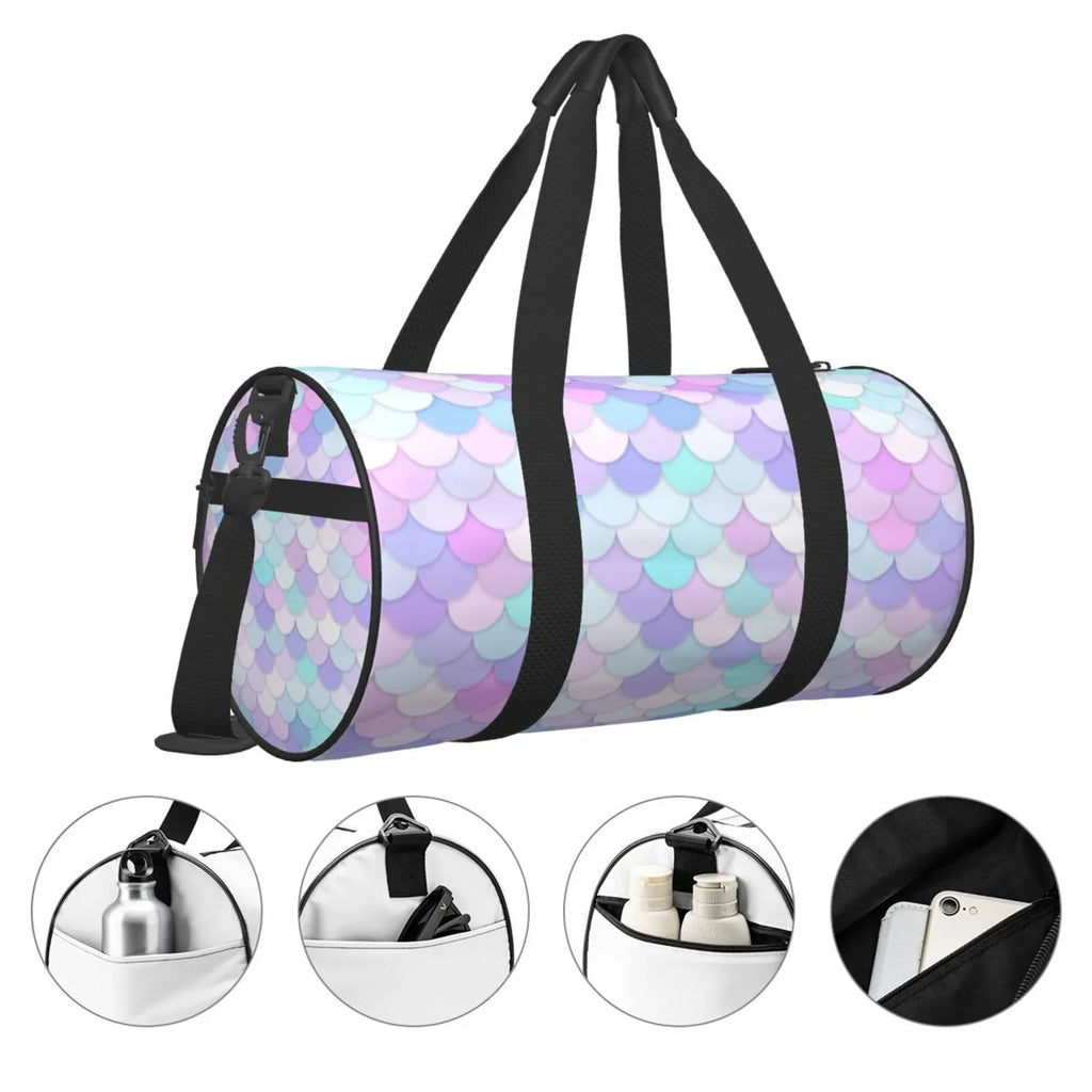 Coaee Rainbow Scales Large Capacity Travel Luggage Bag Cylinder Gym Bag Fluid Sports Bag with Pocket and Compartment