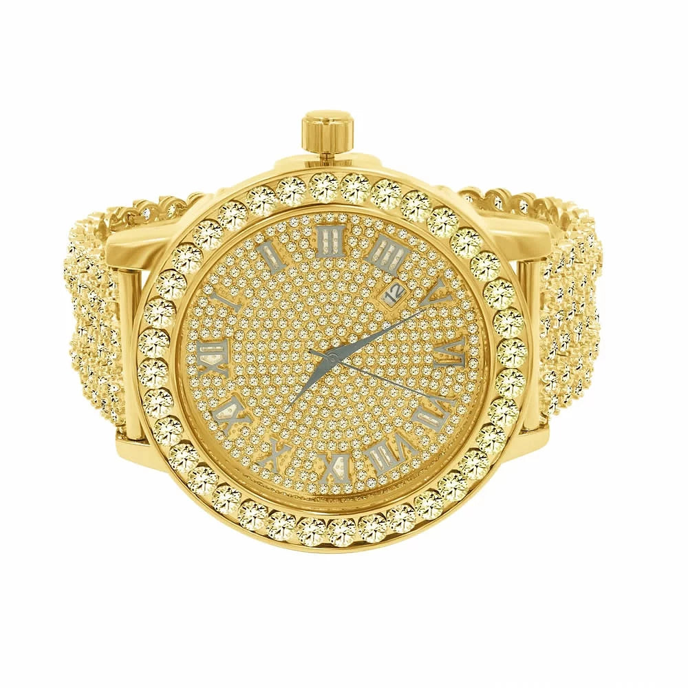 Mens Roman Numerals Watch Lab Diamond Canary Tone Stainless Steel 1 Row Bezel Custom Iced Out Band Khronos Jo Rodeo W/Date