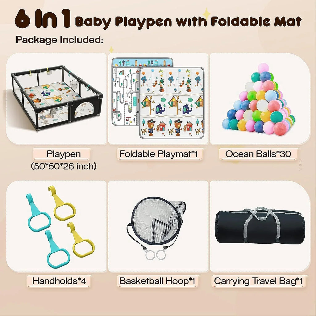 Upgraded 320D Washable Baby Playpen with Padding Mat; 6in1 Large Playpen for Toddlers; Sturdy & Safe Playpen with Padded Cotton Top Rod for Protecting Babies; Baby Play Yard with Zipper Gate