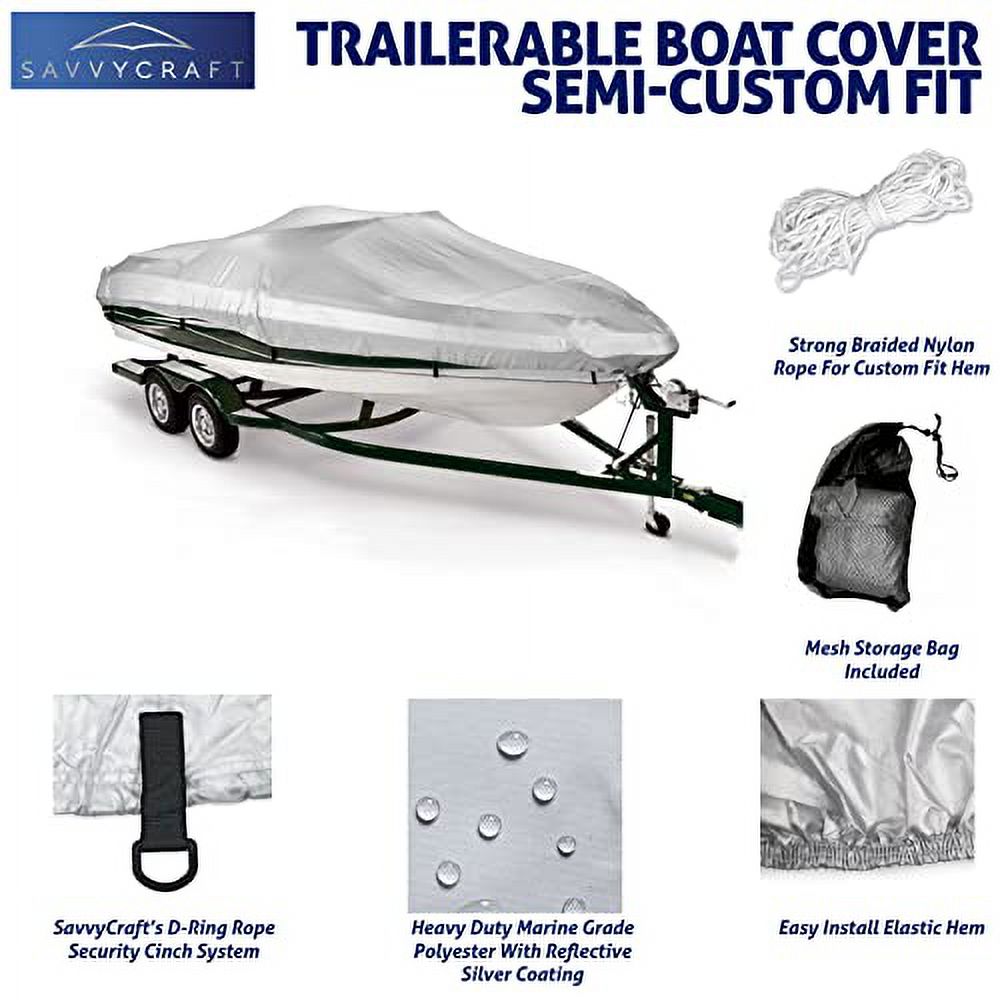 Savvycraft Boat Cover 12'-14', Heavy Duty Liquid Marine Grade Polyester fits V-Hull Runabouts, Pro-Style Bass Boats, Fish & Ski Boats 12ft-14ft Long, Beam up to 68"