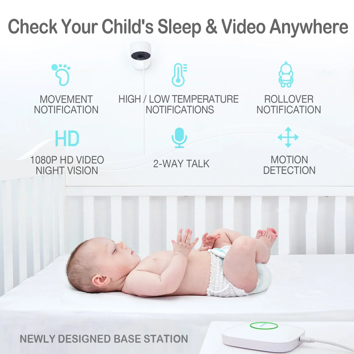 Sense-U Smart Baby Monitor 3+Camera; Audio; Video Baby Monitor That Notifies You for No Abdominal Movement; Rollover; High/Low Temperatures; Detected Motion; with Night Vision; 2-Way Talk; Long Range