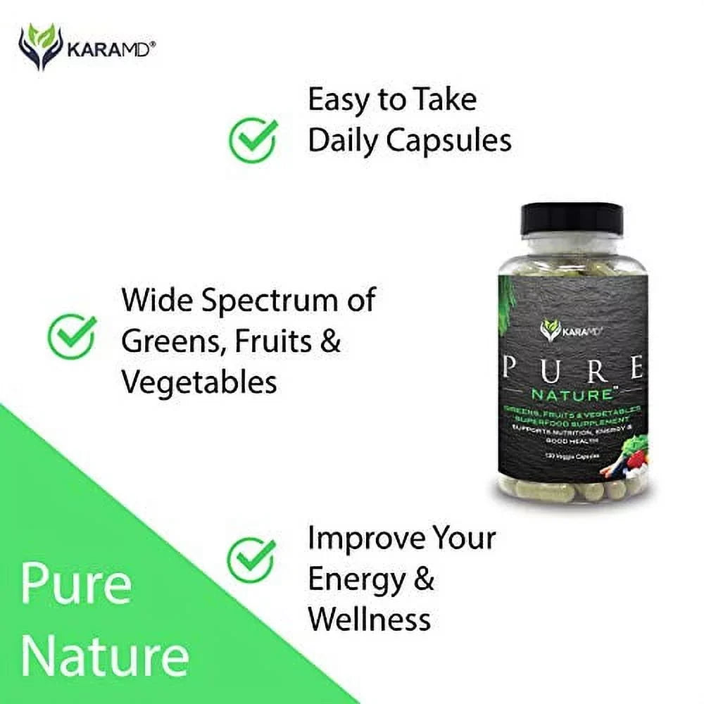 KaraMD Pure Nature | Dr Formulated Greens; Fruit & Vegetable Whole Food Health Supplement | Vitamins; Fiber & Antioxidant Superfood Nutrition | Natural Energy; Digestion & Immunity Boost; 120 Capsules