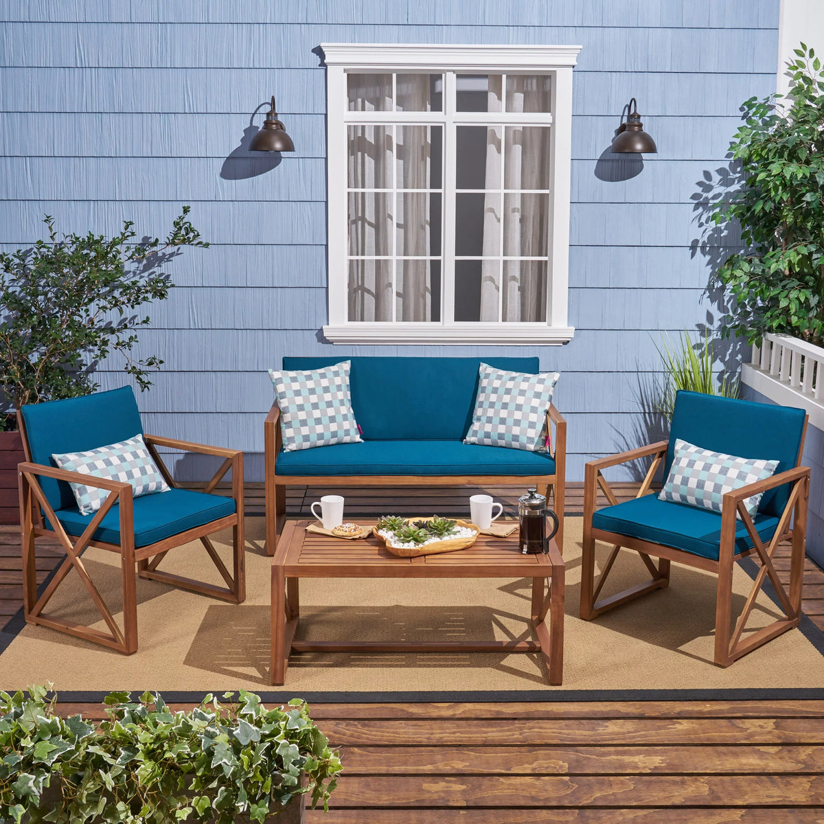 GDF Studio Arcadia Outdoor Acacia Wood 4 Seater Chat Set with Cushions, Brown and Dark Teal