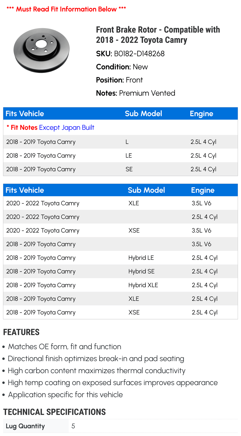 Front Brake Rotor - Compatible with 2018 - 2022 Toyota Camry 2019 2020 2021