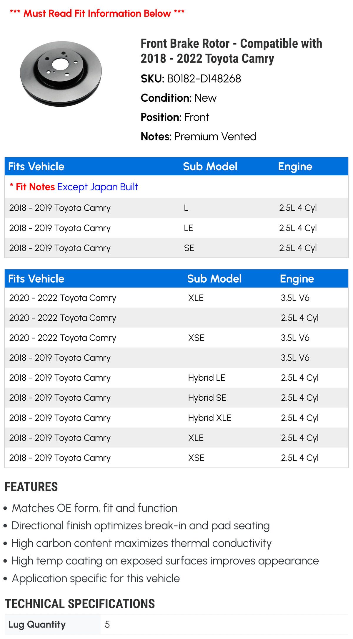 Front Brake Rotor - Compatible with 2018 - 2022 Toyota Camry 2019 2020 2021