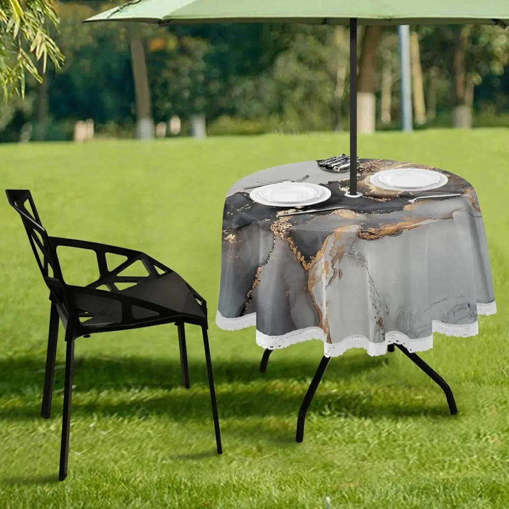 Dreamtimes 60" Natural Luxury Abstract Fluid Art Painting Round Tablecloth Liquid Round Table Cloths with Umbrella Hole and Zipper,Party Patio Table Covers for Outdoor Backyard /BBQ/Picnic