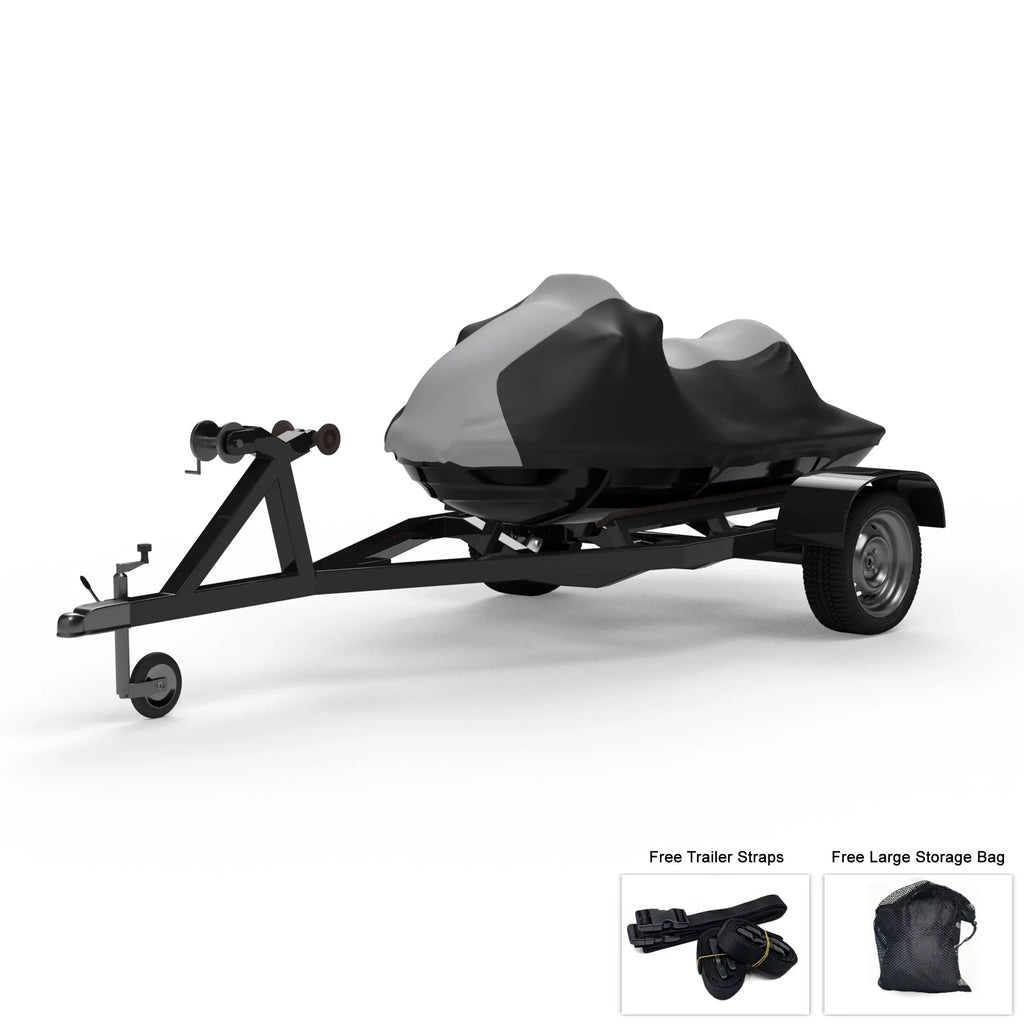 Weatherproof Jet Ski Cover For SEA DOO GTi 1997-2000 - GRAY / Black Color - All Weather - Trailerable - Protects from Rain, Sun, UV Rays, And More! Includes Trailer Straps And Storage Bag
