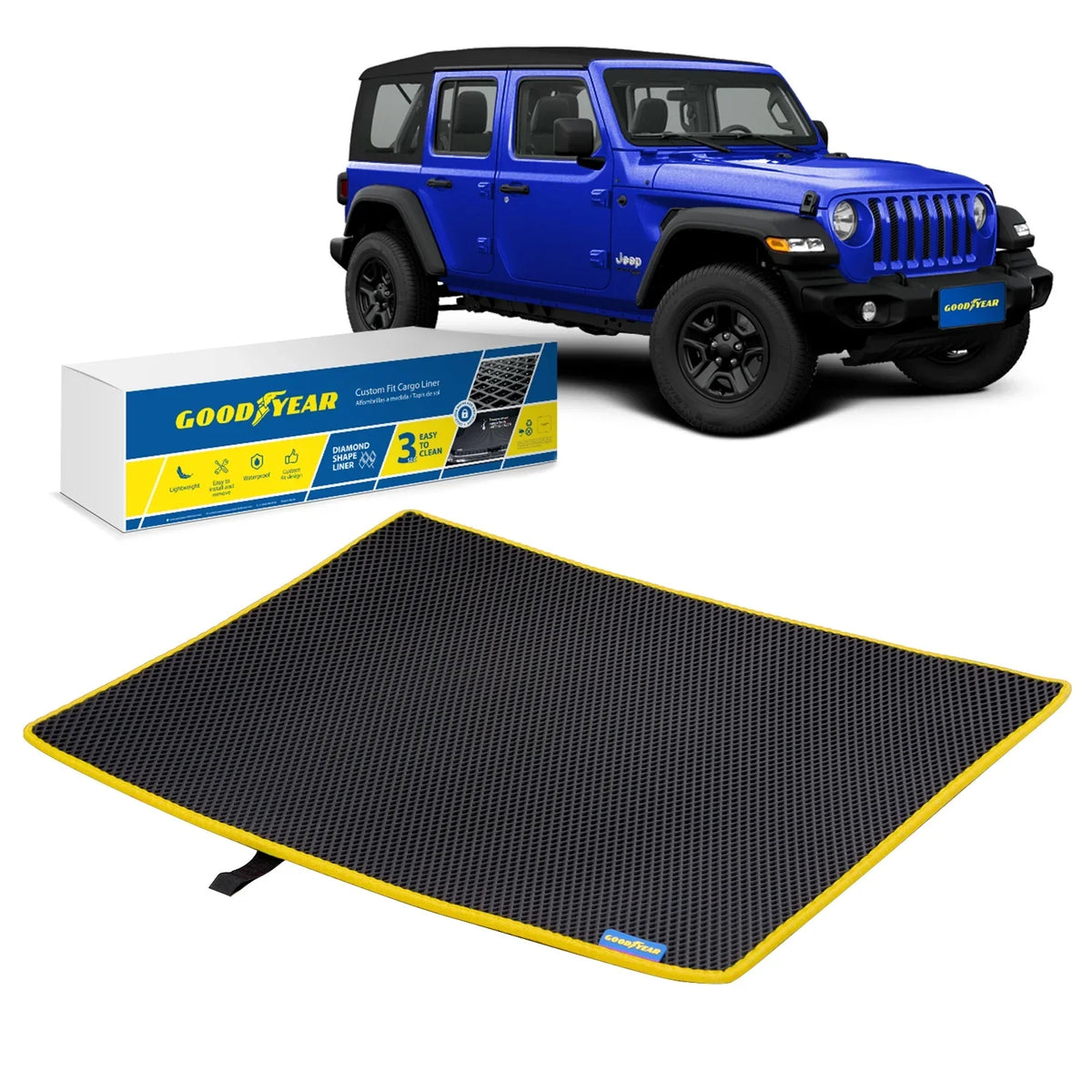 Goodyear Custom Fit Cargo Mat Liner for Jeep Wrangler 2019-2024 - Heavy Duty Trunk Liner, Dimond Shape, Luggage with Fluid Liquid & Dirt Trapping Technology - Anti-Slip Cargo Liner - GY004562