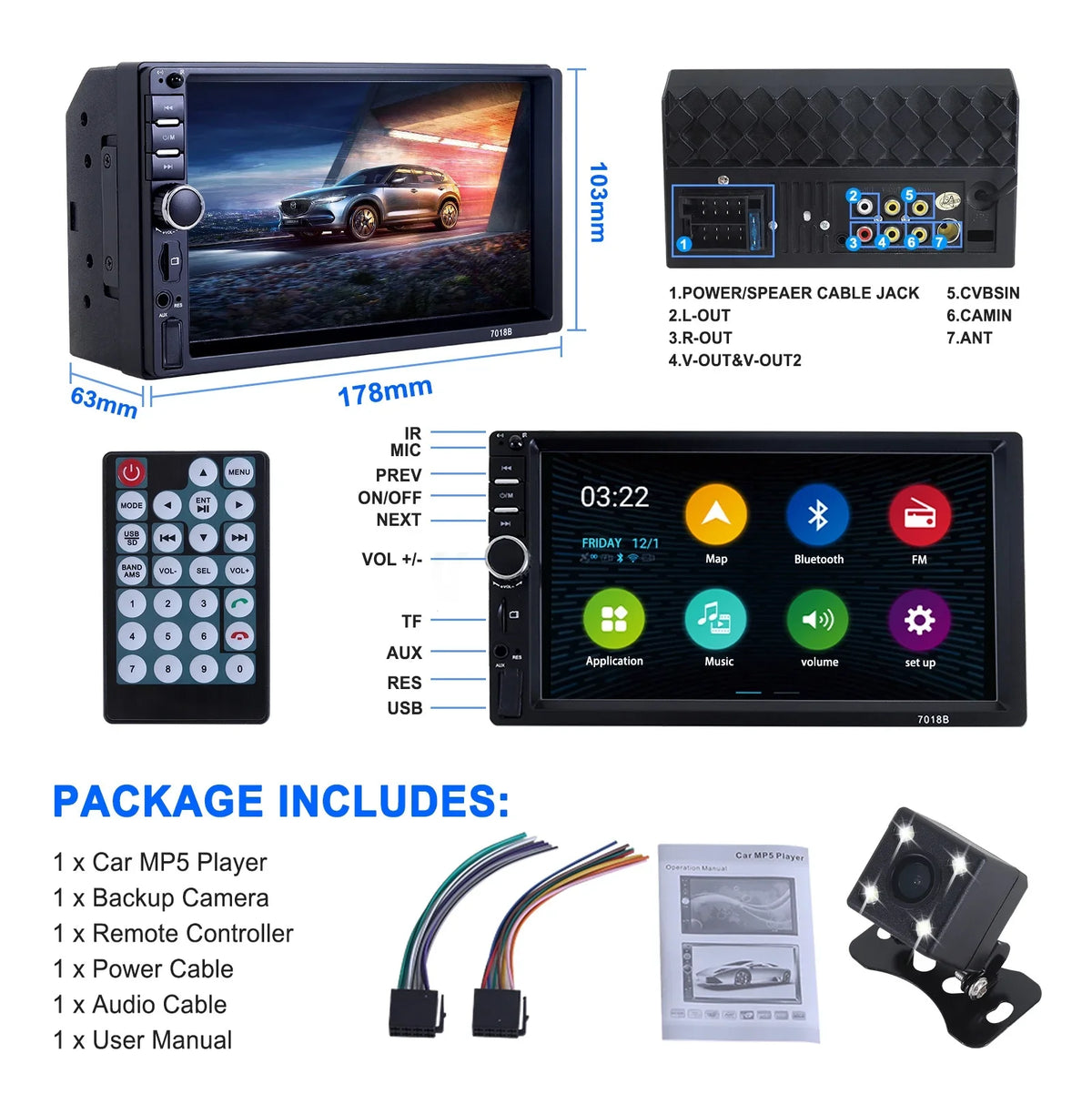 7" Car Stereo Double Din Bluetooth Car Radio Touch Monitor Car Radio Audio Receiver Radio with Backup Camera - Support Mirror Link/USB/SD/AUX, Hands Free Calling