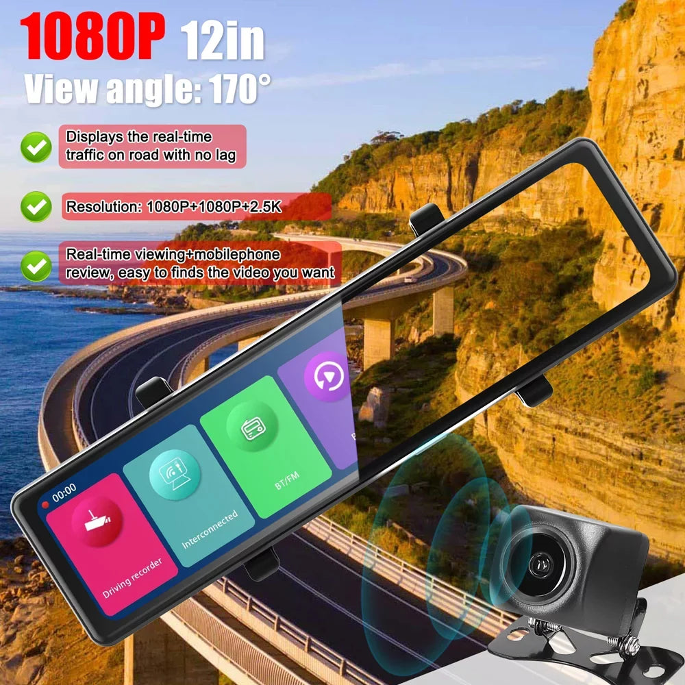 12in Rearview Mirror Dash Cam: 3 Cameras; 2.5K Clear Video Recording - BT Connectivity; Touchscreen; Auto Driving Recorder - Capture Every Moment on the Road