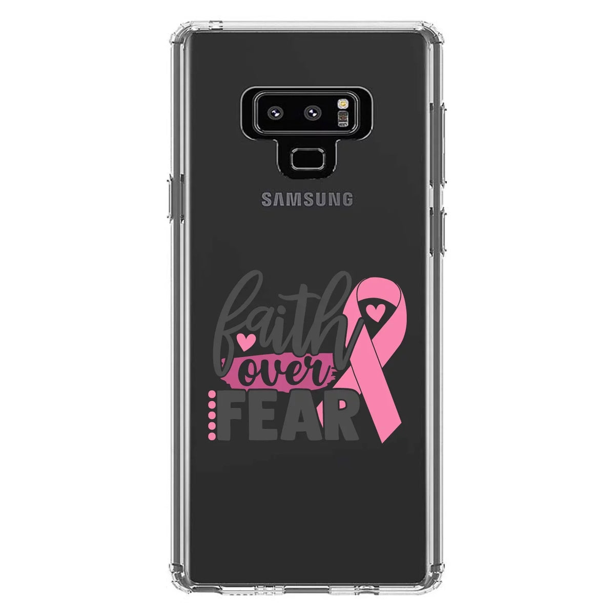 DistinctInk Clear Shockproof Hybrid Case for Galaxy Note 9 - TPU Bumper Acrylic Back Tempered Glass Display Protector - Pink Ribbon Cancer - Faith Over Fear