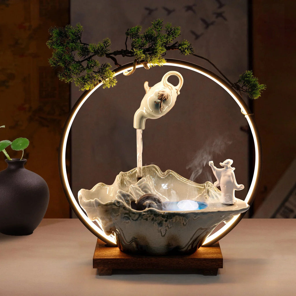 Tabletop Fountain with LED Light and Atomizer Streamfall Zen Meditation Desktop Rockery