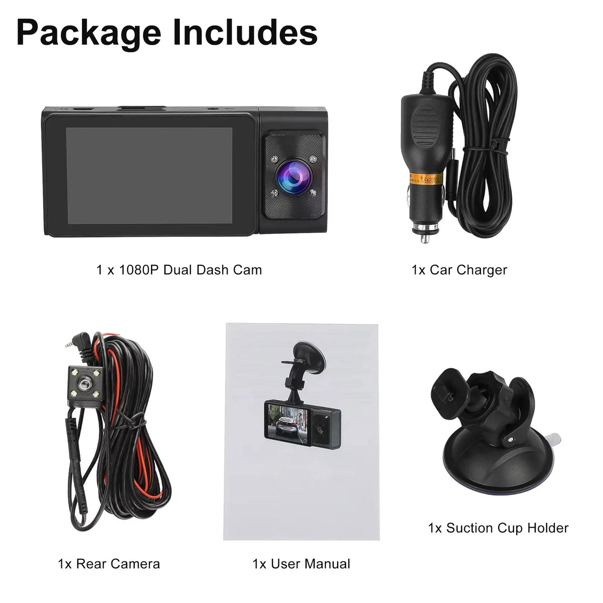 Dash Cam Front and Rear, TSV 3 Channel Dual Dash Camera, 1080P Car Camera DVR Backup Cam with Night Vision, G-Sensor