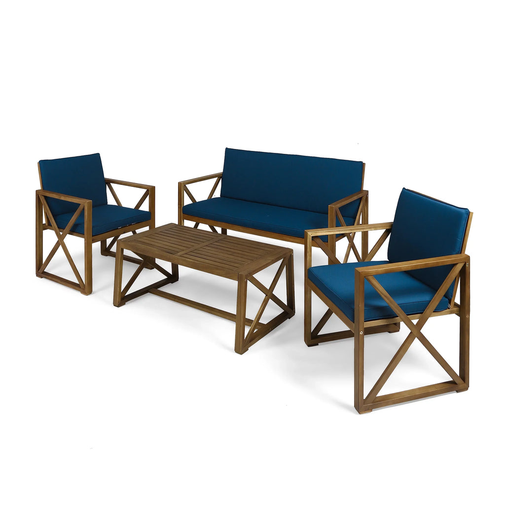 GDF Studio Arcadia Outdoor Acacia Wood 4 Seater Chat Set with Cushions, Brown and Dark Teal