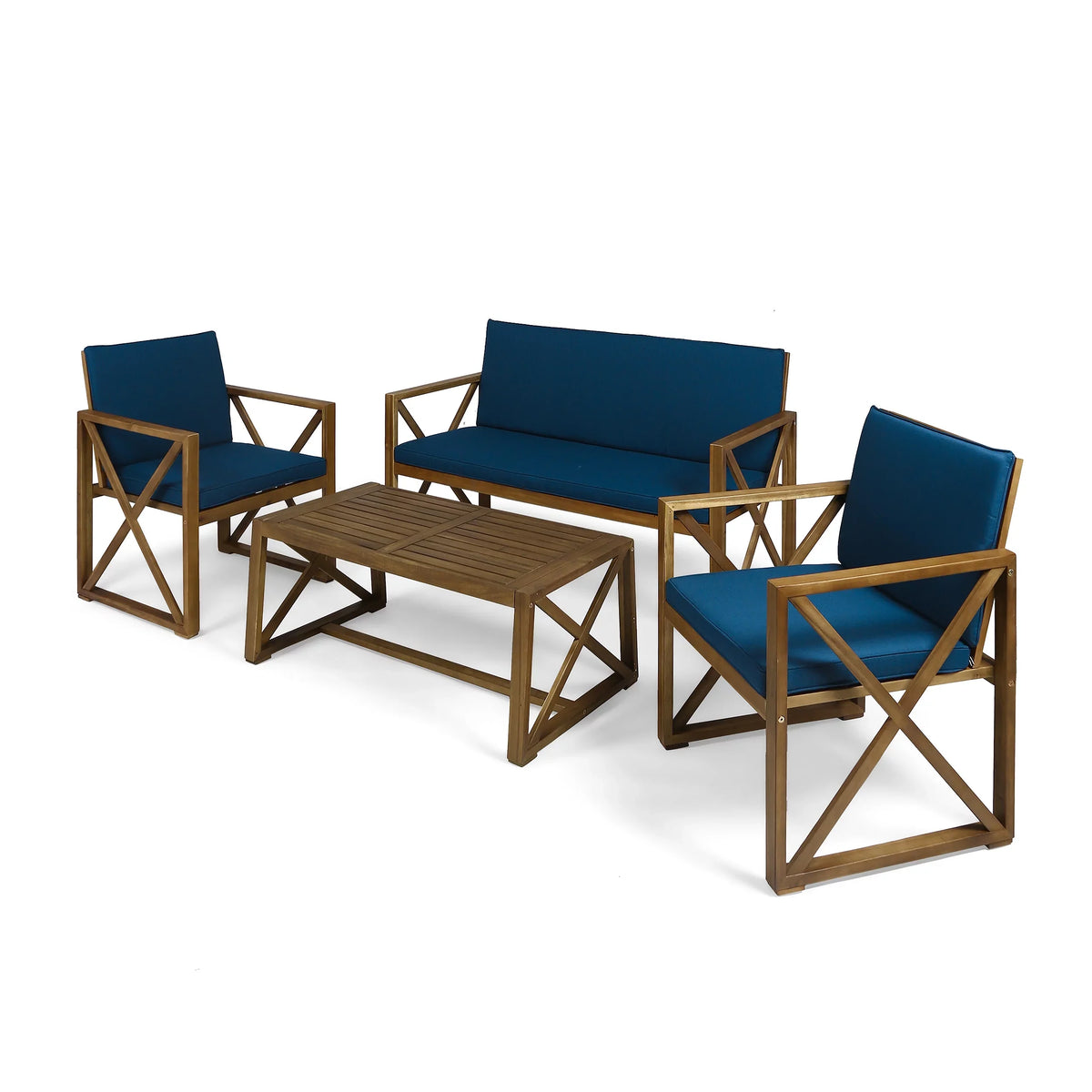 GDF Studio Arcadia Outdoor Acacia Wood 4 Seater Chat Set with Cushions, Brown and Dark Teal