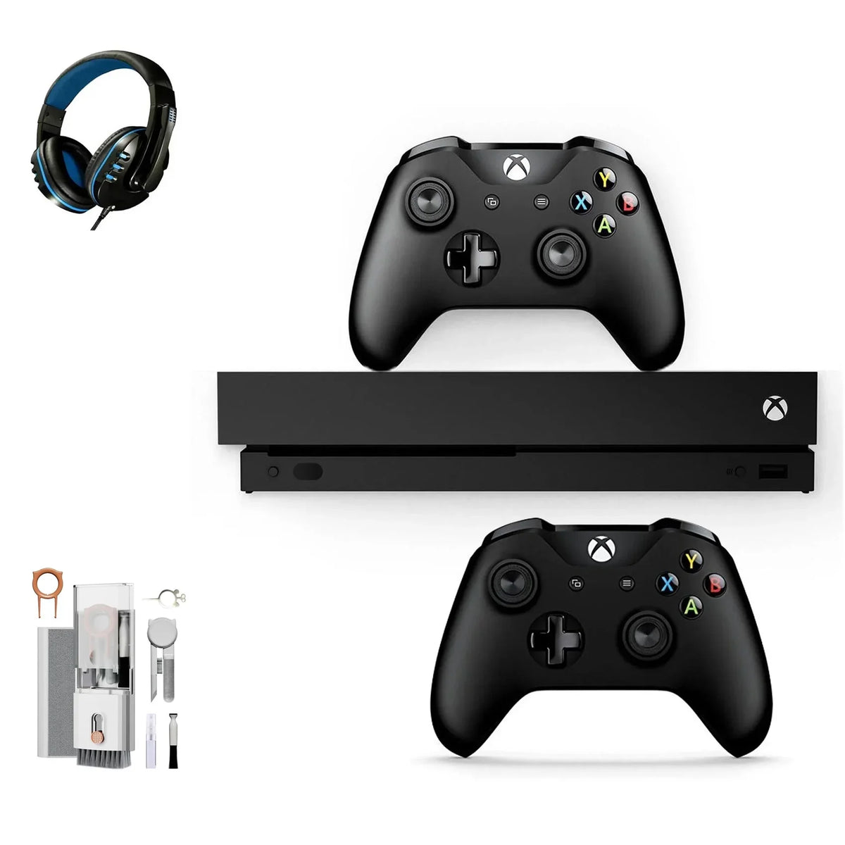 Pre-Owned Xbox One X 1TB with 2 Controller, 4K Ultra HD Black with BOLT AXTION Cleaning Kit Headset Bundle (Refurbished: Like New)