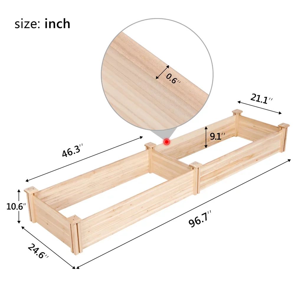 Easyfashion Wooden Raised Garden Bed; 96.7 x 24.6 x 10.6inch (L x W x H);Natural Wood