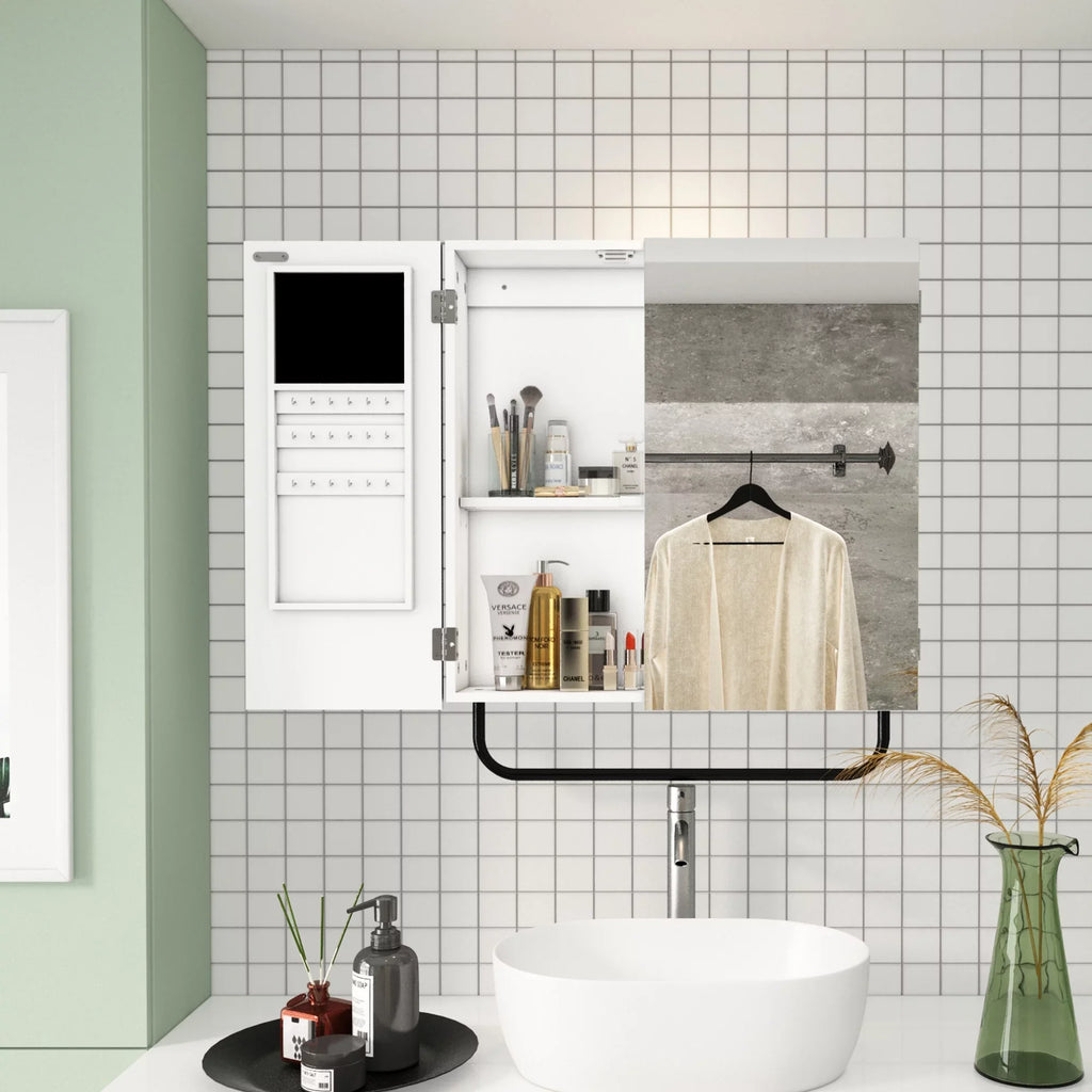 HLR Wall Mounted Jewelry Cabinet with Mirror, 2-Tiers Mirror Cabinet for Bathroom, Square