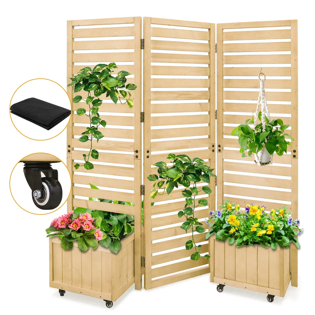 EAGLE PEAK Tri Fold Outdoor Cedar Privacy Display with 2 Raised Garden Beds, 3 Hinged Panels for Patio, Deck, Backyard, Freestanding Privacy Panel with Planter Boxes,61.3''L x 19.7''W x 66.5''H,Natural