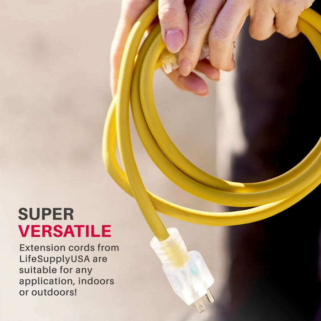 LifeSupplyUSA 100 ft Yellow Extension Cord - Long-lasting Outdoor & Indoor Use, 16 Gauge, 3 Prong, Lighted, Flexible, Oil & Abrasion Resistant, 10 AMP, 125V, 1250W, Smart Plug Compatible.