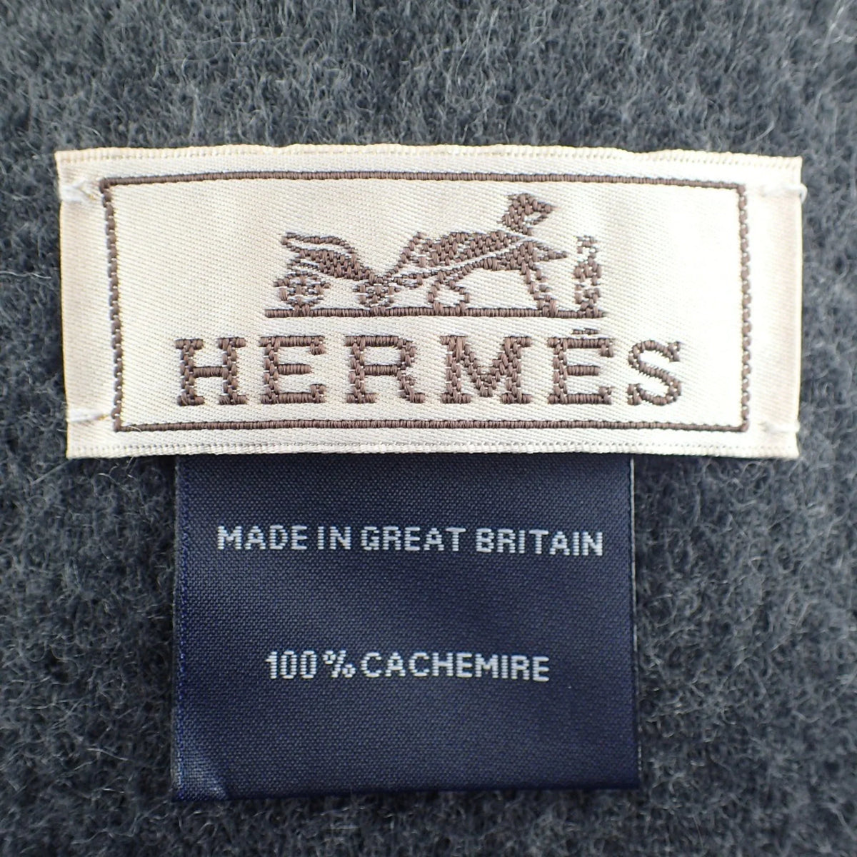 Pre-Owned HERMES Embroidered 100% Cashmere Scarf Black Grey (Good)