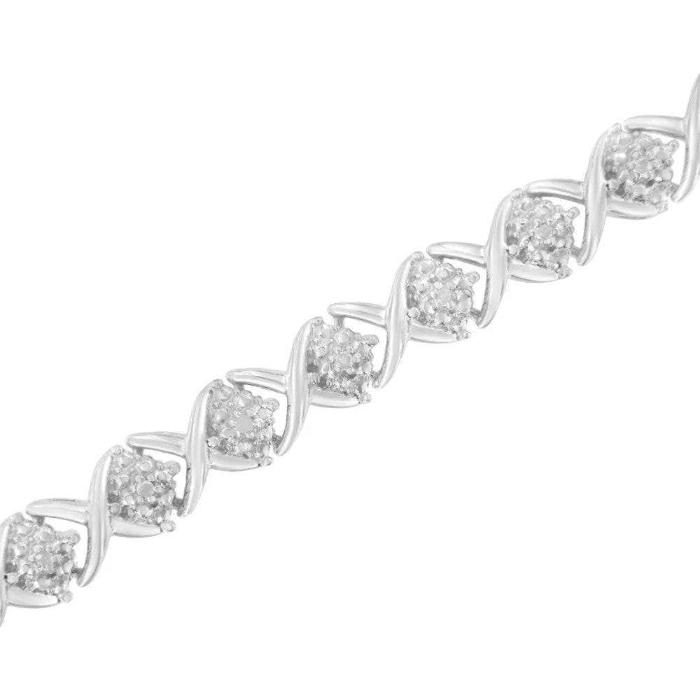 .925 Sterling Silver Round-Cut Diamond Accent Floral Cluster and "X" Link Bracelet (I-J Color; I3 Clarity) - 7.25"