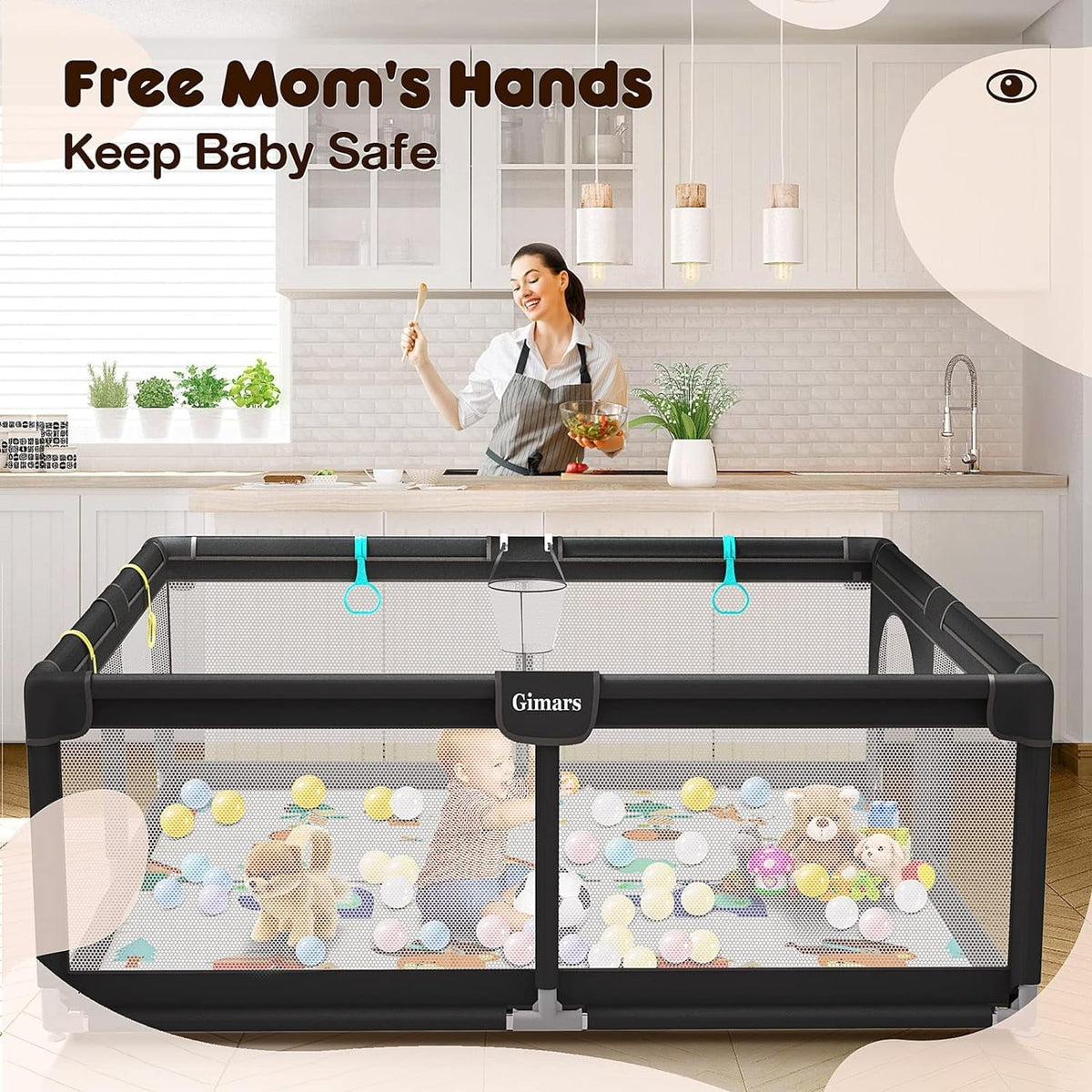 Upgraded 320D Washable Baby Playpen with Padding Mat; 6in1 Large Playpen for Toddlers; Sturdy & Safe Playpen with Padded Cotton Top Rod for Protecting Babies; Baby Play Yard with Zipper Gate