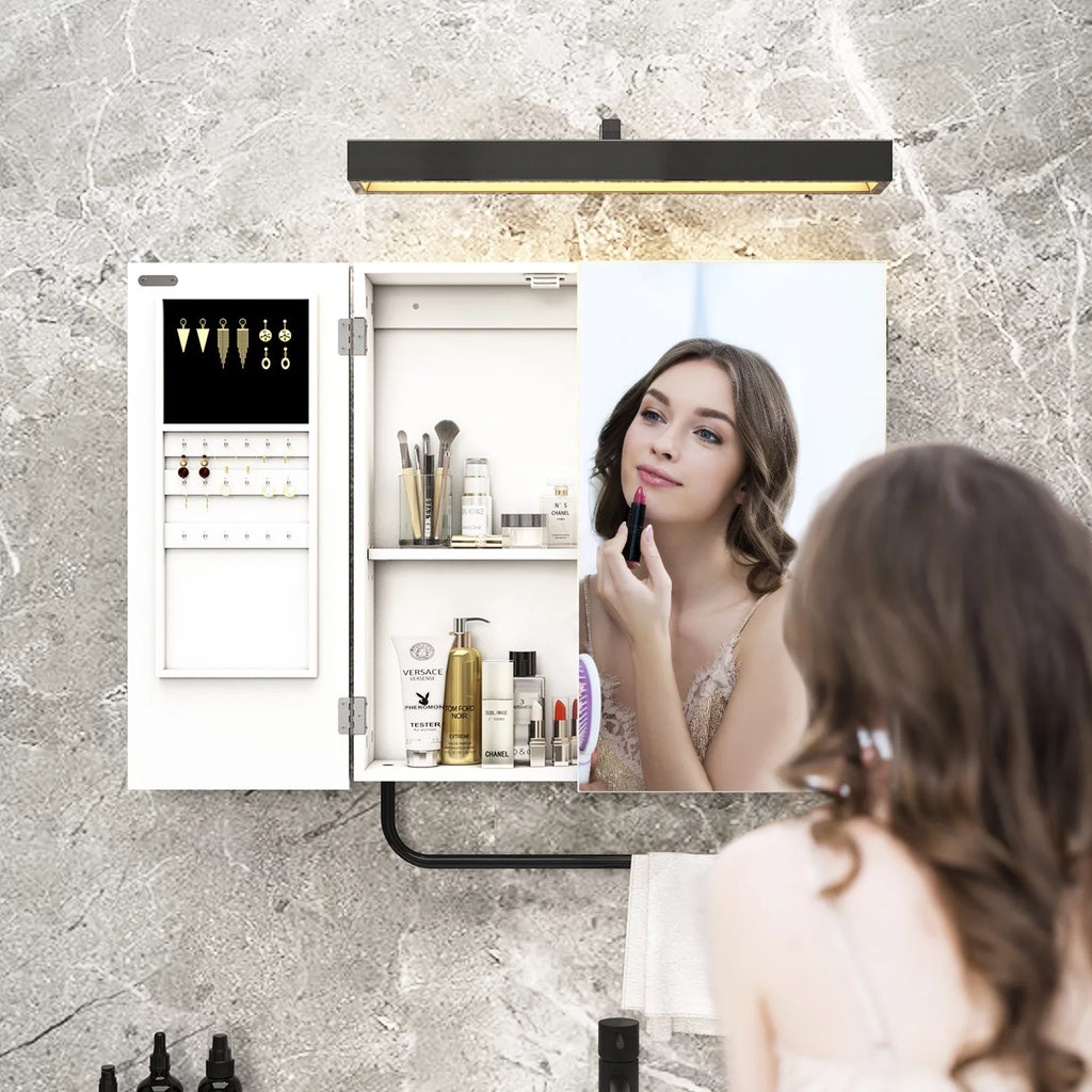 HLR Wall Mounted Jewelry Cabinet with Mirror, 2-Tiers Mirror Cabinet for Bathroom, Square