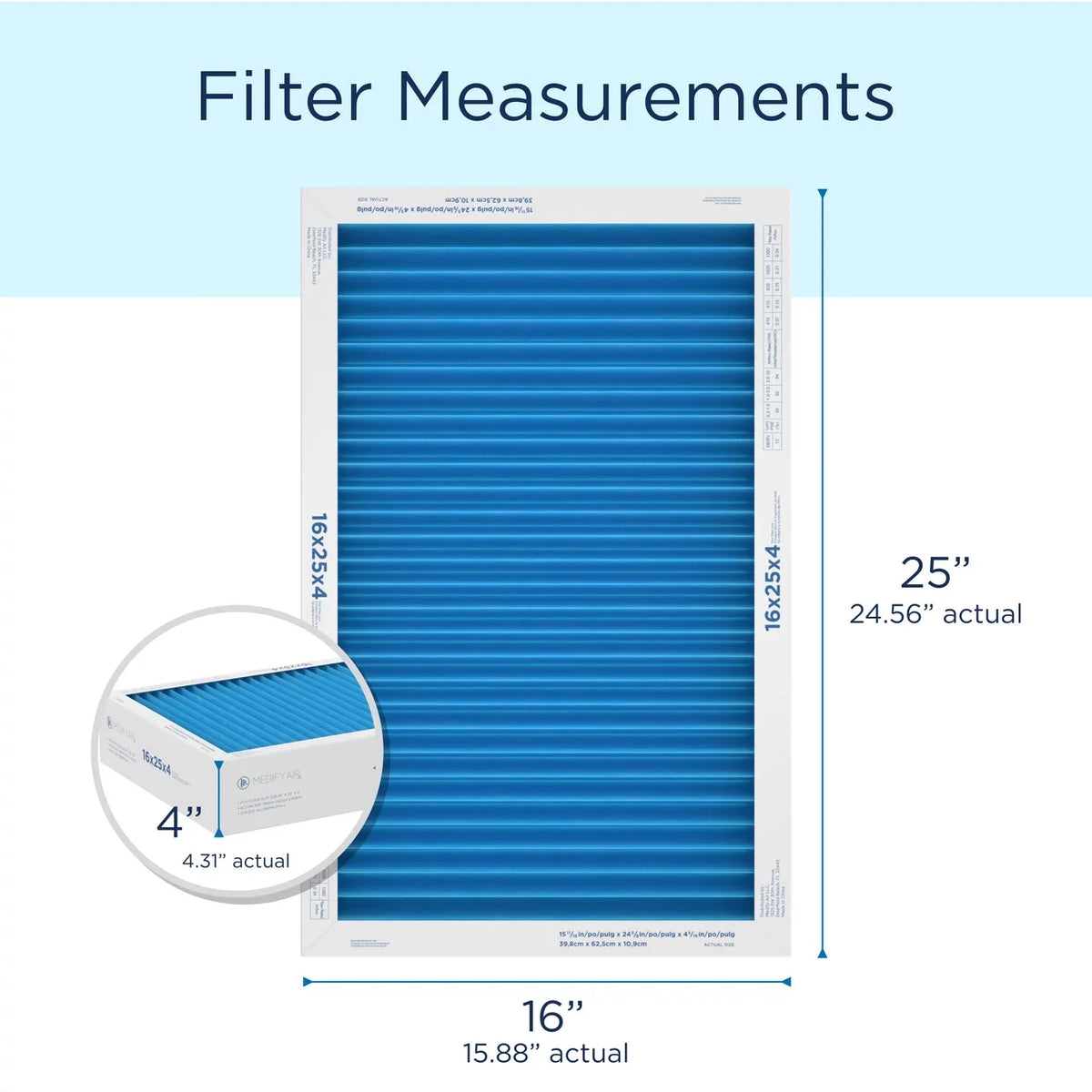 Medify Air 16x25x4 Pleated Filter 95% Particles HEPA Air Cleaning (MERV 13, 2-Pack)