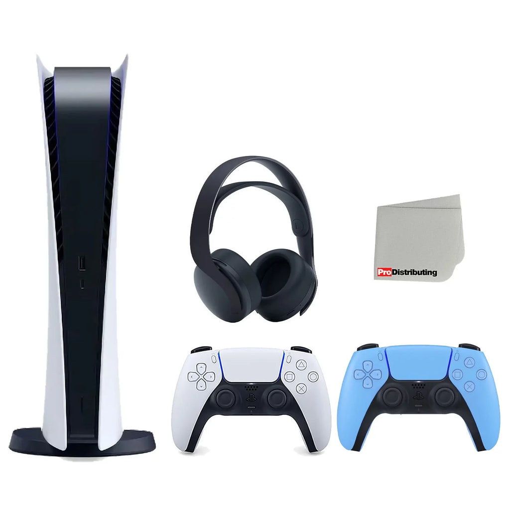 Playstation 5 Digital Edition Console with Extra Blue Controller and Black PULSE 3D Headset Bundle with Cleaning Cloth