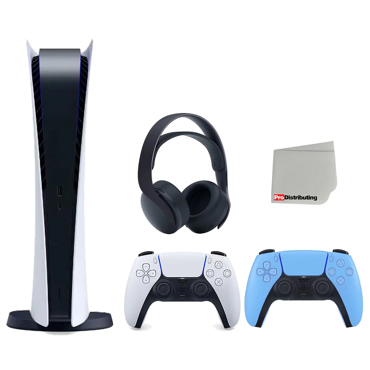 Playstation 5 Digital Edition Console with Extra Blue Controller and Black PULSE 3D Headset Bundle with Cleaning Cloth