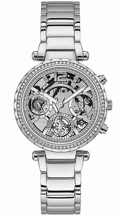 Women's Guess Stainless Steel Skeleton Dial Crystallized Glitz Watch GW0403L1
