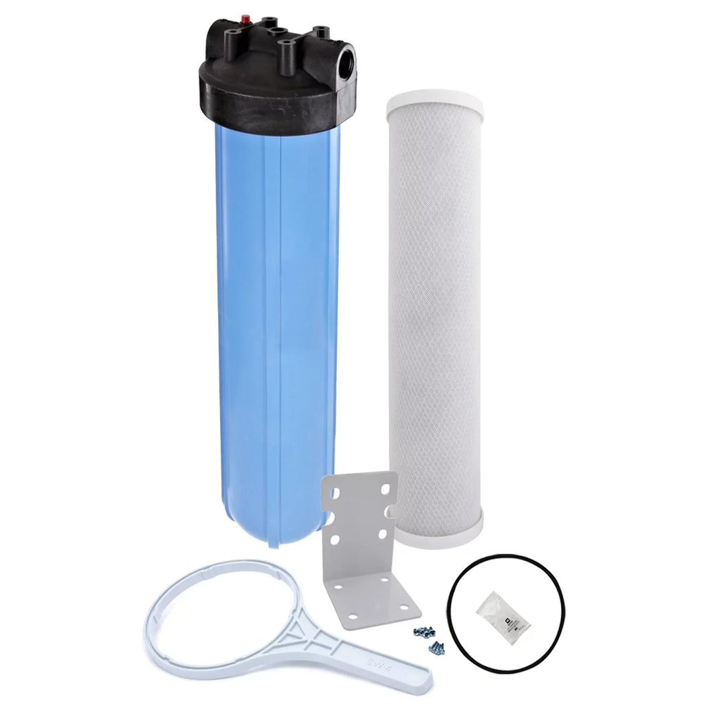 Tier1 5 Micron 20 Inch x 4.5 Inch Carbon Fluid Filter Replacement Cartridge Kit with 20 inch Slim PP Housing and Pressure Release (1 inch Inlet/Outlet) | Compatible with EP-20BB, Home Liquid Filter