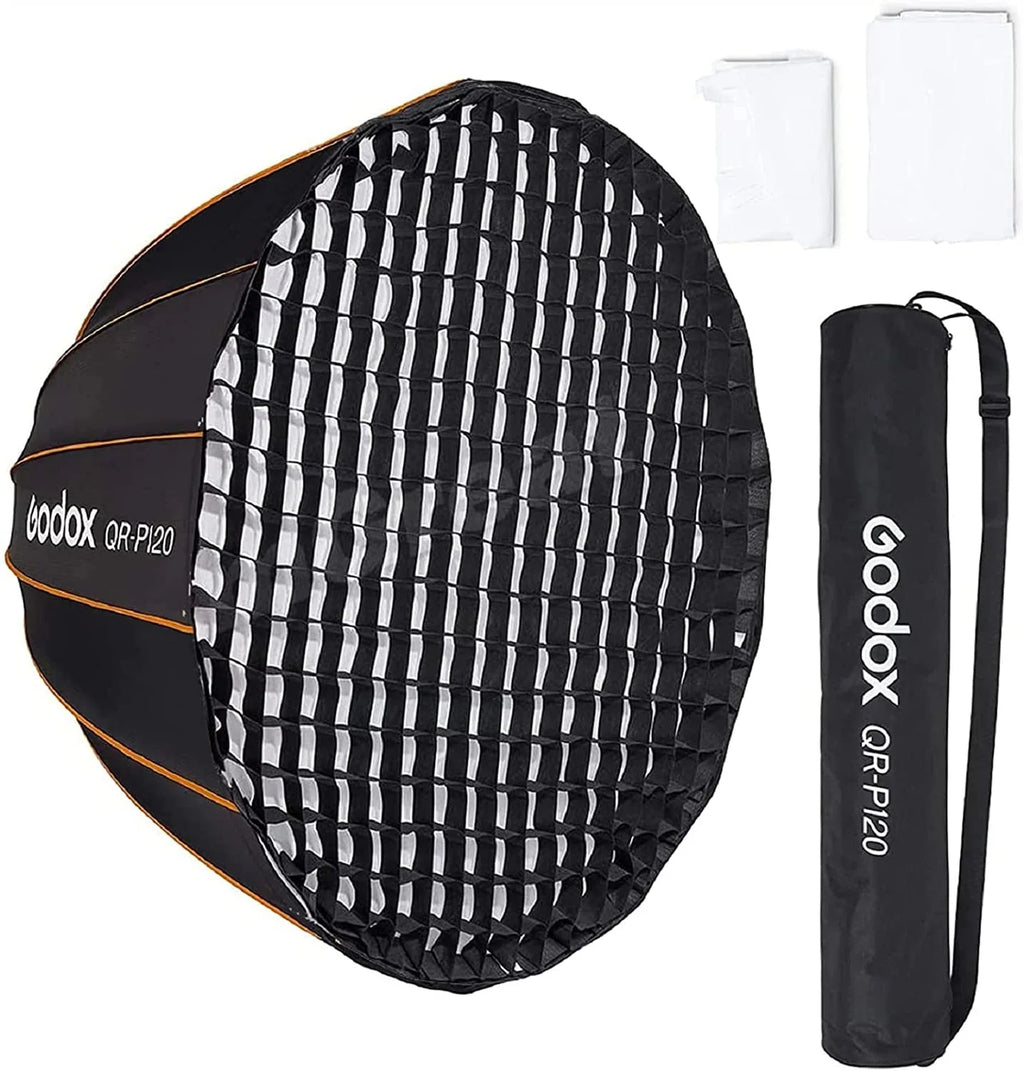 GODOX QR-P120 47.1 cm/120CM Parabolic Softbox Bowens Mount; Quick Release Parabolic Softbox; with Front & Inner Diffuser SL-60W AD600BM VL150 UL150 SL150II Amaran 100X 200D 200X w/Grid