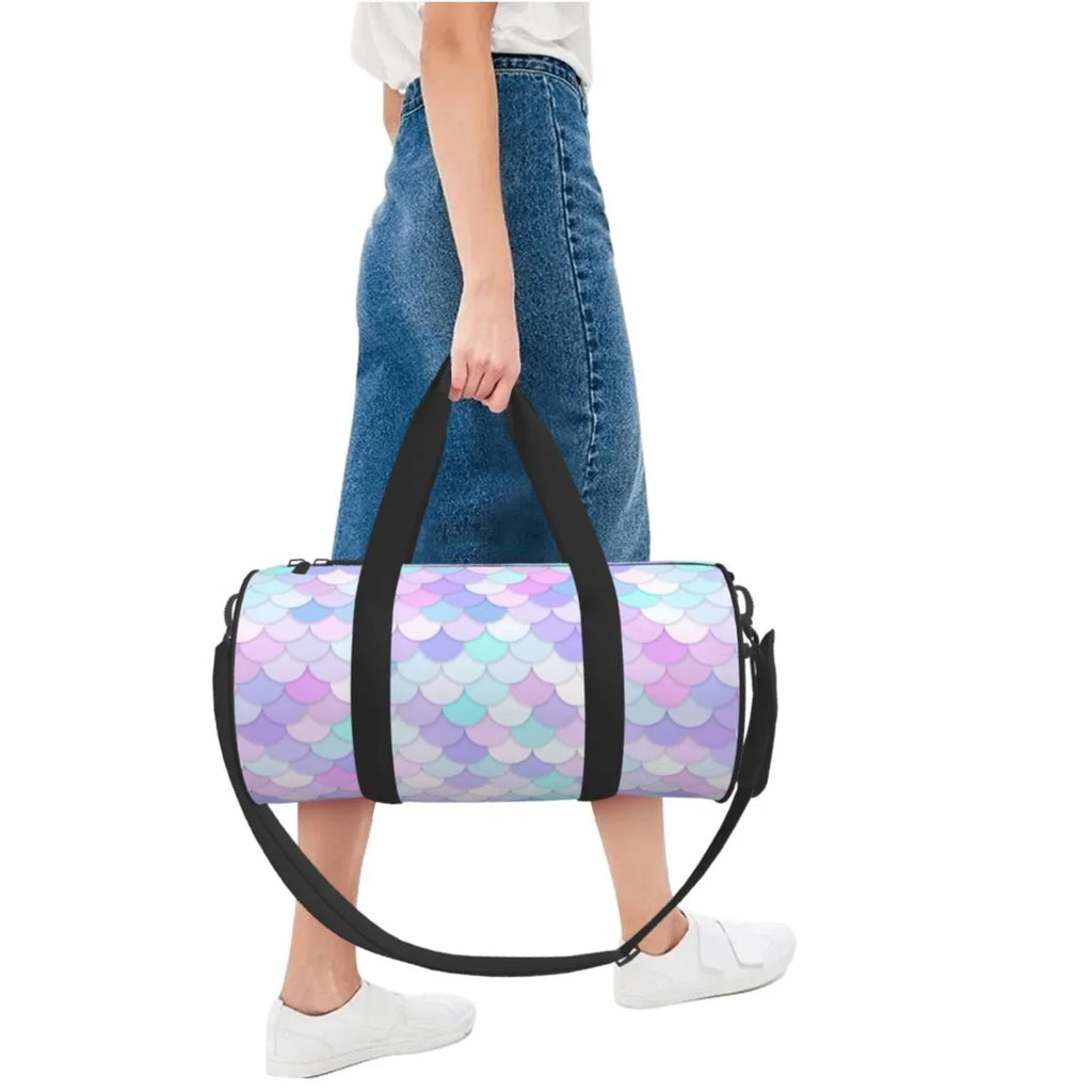 Coaee Rainbow Scales Large Capacity Travel Luggage Bag Cylinder Gym Bag Fluid Sports Bag with Pocket and Compartment