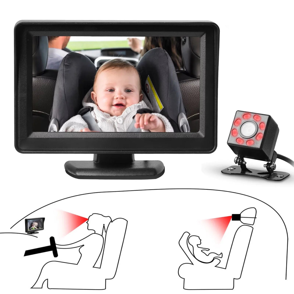 Car Back Seat Camera, EEEkit 12V Baby Car Mirror with 4.3-inch HD Display Night Vision, 120° Wide Crystal Clear View, Rear Facing Safety Car Seat Mirror Camera Observe the Baby's Every Move, Black