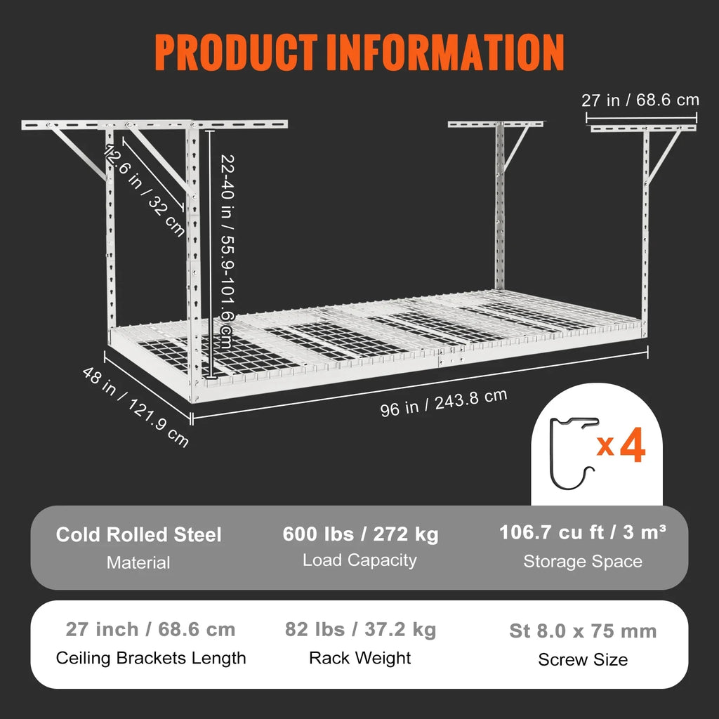 VEVOR Overhead Adjustable Garage Storage Rack 48x96in Ceiling Rack 600lbs White