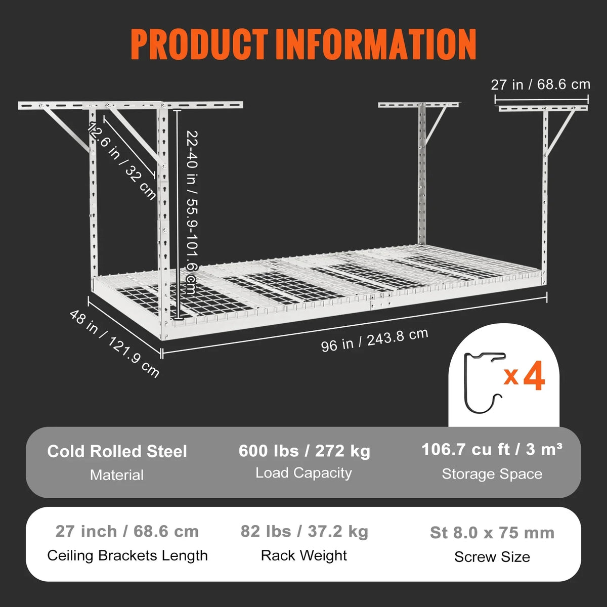 VEVOR Overhead Adjustable Garage Storage Rack 48x96in Ceiling Rack 600lbs White