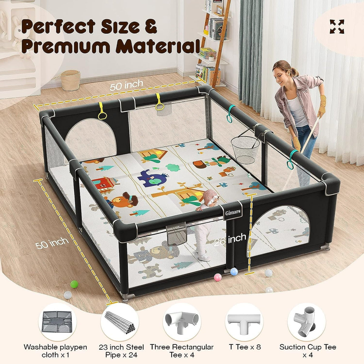 Upgraded 320D Washable Baby Playpen with Padding Mat; 6in1 Large Playpen for Toddlers; Sturdy & Safe Playpen with Padded Cotton Top Rod for Protecting Babies; Baby Play Yard with Zipper Gate