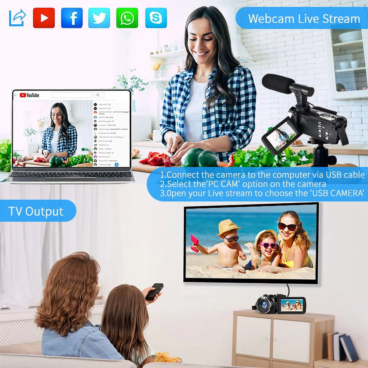 4K Camcorder Vlogging Camera for Youtube Ultra HD 48MP Video Camera with Microphone & Remote Control Wifi Digital Camera 3.0" IPS Touch Monitor