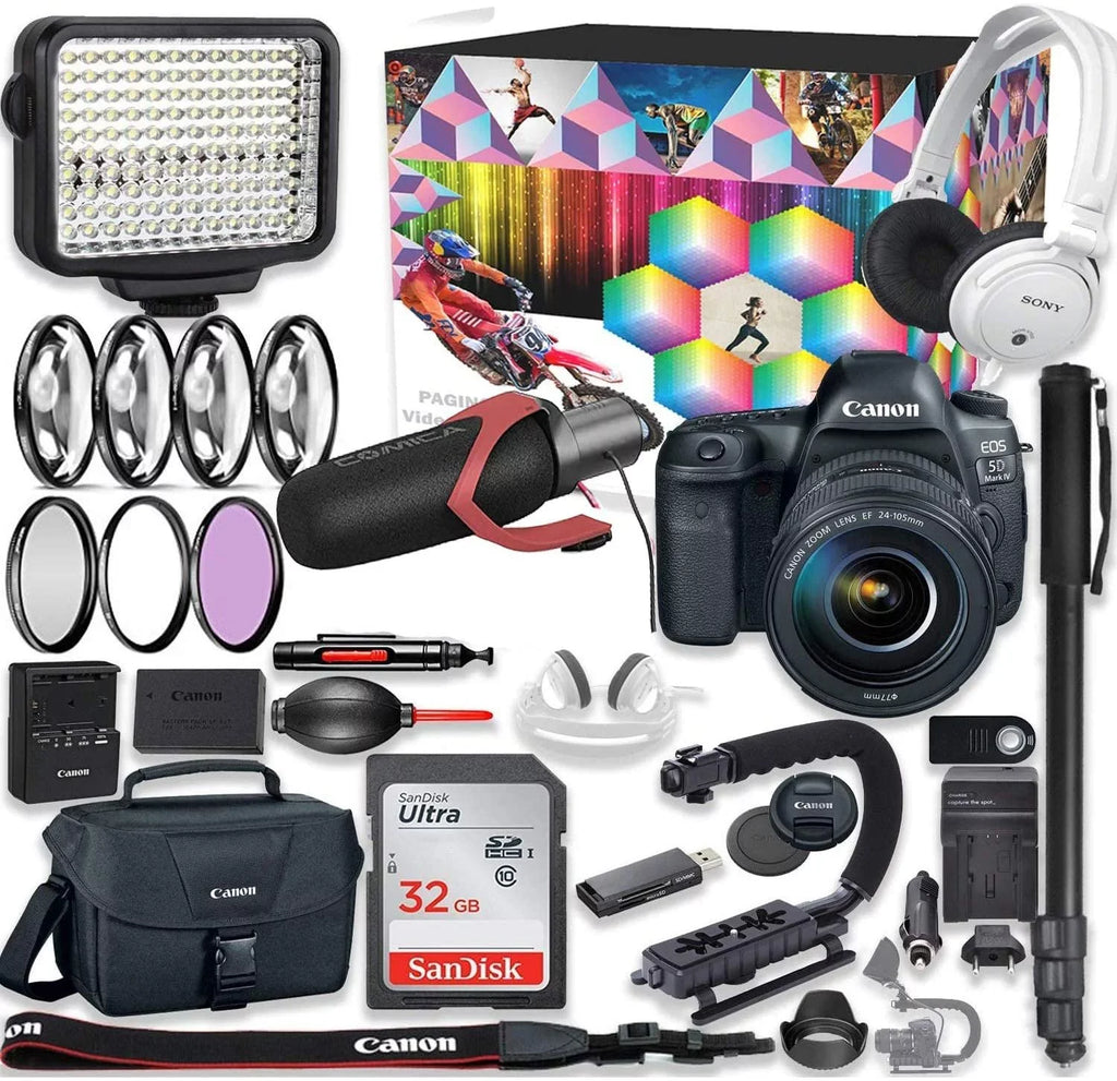 EOS 5d Mark IV DSLR Camera Premium Video Creator Kit with 24-105mm STM Lens + Monitor Series Headphones + Video LED Light + 32gb Memory + Monopod + High End Accessory Bundle